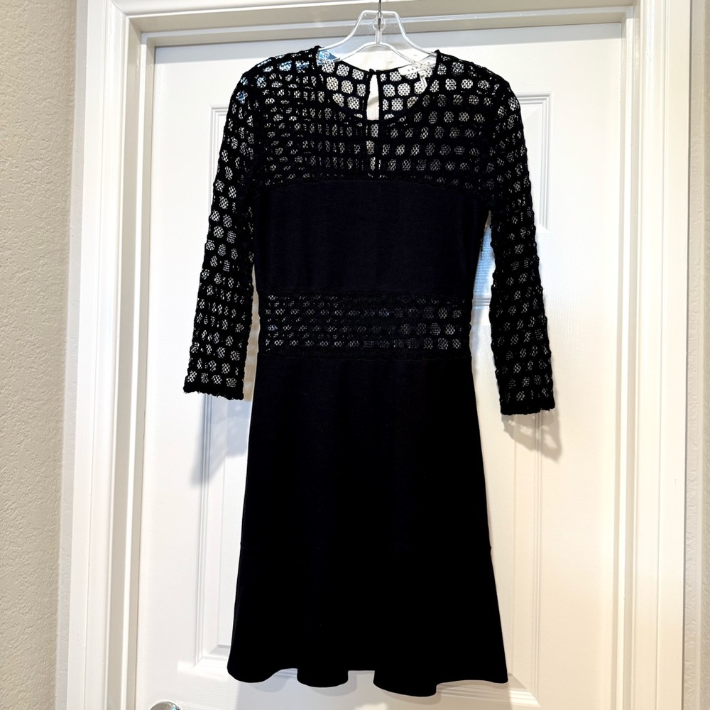 New! SANDRO Black Mini Dress with Lace 3/4 Sleeves & Lace Panels Size 1 Small